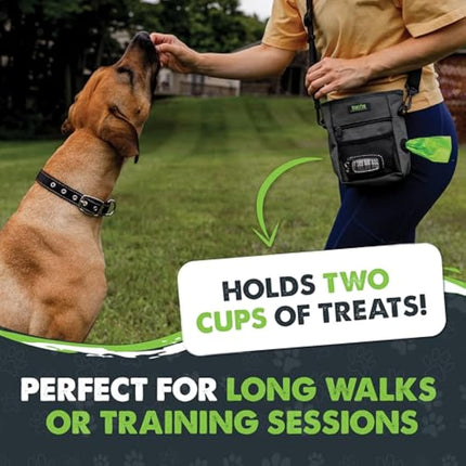 Mighty Paw Dog Treat Pouch 2.0 | Pet Training Hands-Free Snack Bag w/Strap. Holds 2 Cups Kibble, Phone & Keys. Magnetic Clasp & Waist Belt Clip. Includes 1 Roll of Poop Bags (Green/Grey)
