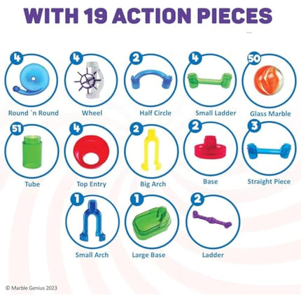 Marble Genius Marble Run (130 Complete Pieces) Maze Track or Race Game for Adults, Teens, Toddlers, or Kids Aged 4-8 Years Old, (80 Translucent Marbulous Pieces + 50 Glass-Marble Set), Starter Set