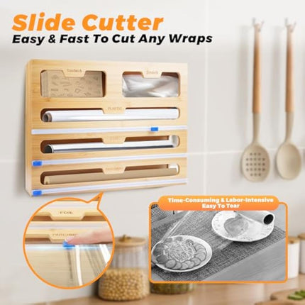 comeder Bamboo Foil Dispenser with Cutter, 5 in 1 Foil and Cling Film Dispenser, Roll Organizer Holder for Aluminum Foil, Cling Film, Wax Paper, Parchment Paper, Compatible with 15" Roll 2.2" Tall