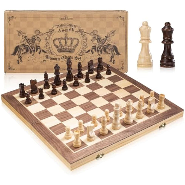 ASNEY Magnetic Chess Set, 15 Inches Tournament Staunton Wooden Chess Board Game Set with Crafted Chesspiece for Kids Adult, with Extra Kings Queens Carry Bag