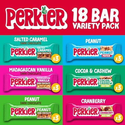 Perkier Variety Box,18 bars, 6 Flavours, Vegan, Gluten Free, Protein, High Fibre, Lower Sugar Snack, Natural Ingredients, Lower Calorie, Healthy, No Palm Oil, Nut Bar, Carbon Neutral