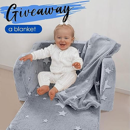 MeMoreCool Kids Couch Sofa, Folding Toddler Chair Bed, Soft Plush Fold Out Kids Armchair Floor Mini Sofa Glow in The Dark, Comfy Baby Recliner for Girls Boys, Grey