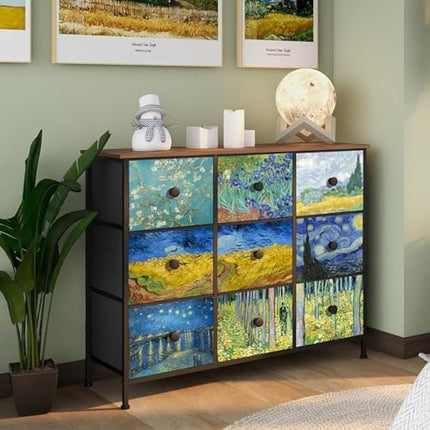 VEDECASA Chest of Drawers Van Gogh Dresser for Bedroom with 9 Drawers Wide TV Stand Storage Organizer Units for Living Room Children's Room Hallway Metal Frame Wood Board Fabric Drawers