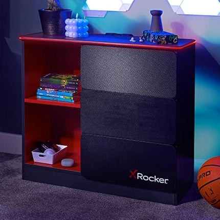 X-Rocker Black Chest of Drawers, 3 Drawer with Integrated Handles and Metal Runners, Customisable RGB LED Lighting Strip for Ambient Lighting, Kids Bedroom Furniture Gaming - GREY/RED