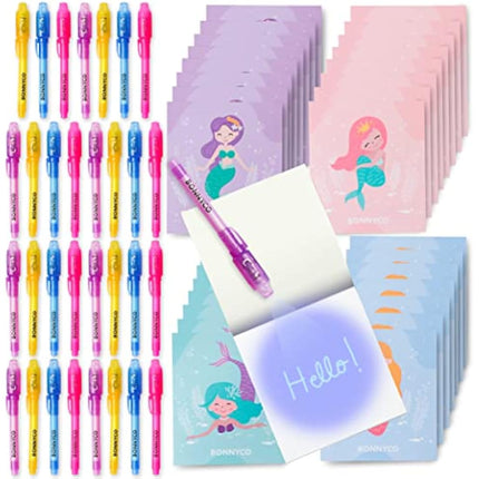 BONNYCO Invisible Ink Pen and Notebook, Pack 32 Mermaid Party Bags Filler & Pinata Toys | Mermaid Birthday Decorations | Stocking Fillers for Kids Birthday | School Prizes & Gifts for Children