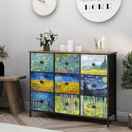 VEDECASA Chest of Drawers Van Gogh Dresser for Bedroom with 9 Drawers Wide TV Stand Storage Organizer Units for Living Room Children's Room Hallway Metal Frame Wood Board Fabric Drawers
