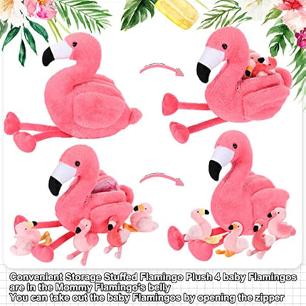 Skylety 18 Inches Flamingo Stuffed Animal with 4 Babies Plush Toys Inside Zippered Tummy Pink Mommy Flamingo Toy Stuffed Animals for Birthday Party Decoration