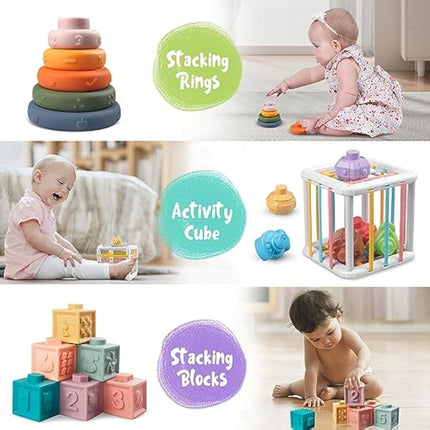 Aliex 6 in 1 Montessori Toys for Babies 12 Months, Baby Toys Stacking Rings Blocks Wooden Shape Sorter Activity Cube Xylophone Gifts for Baby Boys Girls