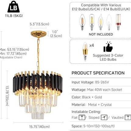 AOOCHOK Black and Gold Crystal Chandelier Pendant Light, Small Modern Crystal Chandelier for Entryway, Corridor, Balcony, Porch, Restaurant, Door Opening, E27 x 3, Φ40cm