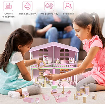 Lawcephun Wooden Dollhouse Furniture Set, 5 Room Kit 22 Piece Miniature Wood Accessories, Including Kitchen, Dining Room, Living Bedroom, Bathroom Playhouse Family Figures Play Toy, Pink (WT06)