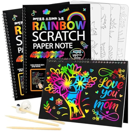 Mocoosy Scratch Art for Kids- 3 Large Rainbow Scratch Notebooks, Magic Scratch Art Paper Pads, Arts and Crafts for Kids Toys Girls Birthday Presents Drawing Activity Gifts for 3-12 Year Old Girls Boys