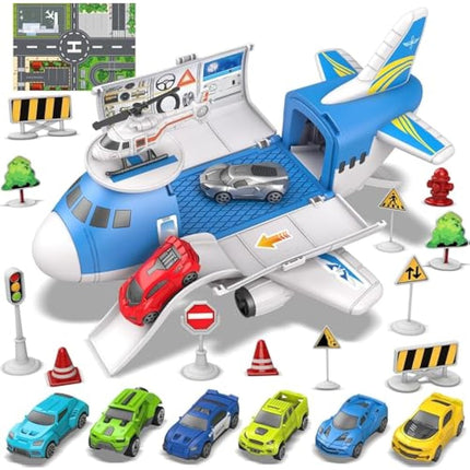 kramow Toys for 3 Year Old Boy, Cars Toy set, Airplane Toys, Transport Aeroplane with Play Mat, 8 Sports Cars, 1 Helicopter, 11 Traffic Signs, Cargo Plane Gifts for Kids Boys Girls age 3 4 5 6