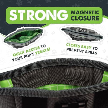 Mighty Paw Dog Treat Pouch 2.0 | Pet Training Hands-Free Snack Bag w/Strap. Holds 2 Cups Kibble, Phone & Keys. Magnetic Clasp & Waist Belt Clip. Includes 1 Roll of Poop Bags (Green/Grey)