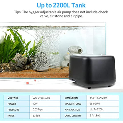 hygger Aquarium Air Pump,Ultra Silent Fish Tank Air Pump for Aquarium with 2 Air Outlets, 10W High Energy Saving 4 Speed Airflow Adjustable Oxygen Pump for Fish Tank Up to 2200 Liter