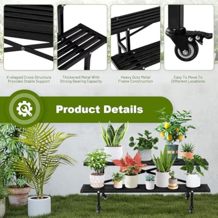 CStern Flower Shelf with Wheels, Metal Flower Stand, 2 Levels Flower Stairs, Black Plant Shelf, Plant Stairs, Flower Bench, Plant Stand, Flower Frame, Plant Shelf for Indoor, Outdoor, Garden, Balcony