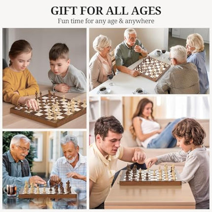 Tumu 2 in 1 Chess Set for Adults Kids - 16 Inch Magnetic Wooden Chess Board with Checkers, 2 Extra Queens, Folding Travel Chess Set with Storage Slots, Gift Toys for Boys Girls