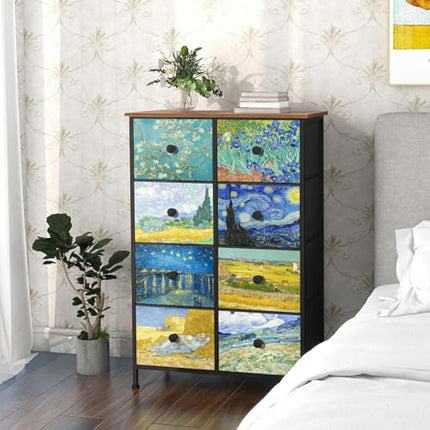 VEDECASA Van Gogh Drawer Dresser for Bedroom Chest of Drawers with Sturdy Steel Frame Wood Top Drawer Storage Organizer for Entryway Living Room Hallway Office (8 Drawers)