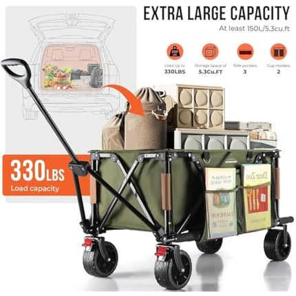 Overmont 150kg Festival Camping Trolley on Wheels - Heavy Duty Folding Beach Wagon Cart with Extra Wide Wheels, Adjustable Handle, Portable for Outdoor, Garden, Shopping, Fishing - Green