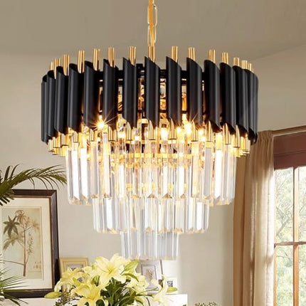 AOOCHOK Black and Gold Crystal Chandelier Pendant Light, Small Modern Crystal Chandelier for Entryway, Corridor, Balcony, Porch, Restaurant, Door Opening, E27 x 3, Φ40cm
