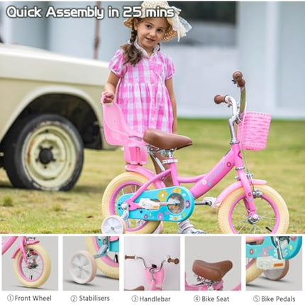 Glerc Maggie 16 Inch Kids Bike for 2-13 Years Old, Girls Bicycle with Doll-Seat & Basket & Stabilisers & Kickstand, Multiple Colors