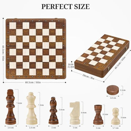 Tumu 2 in 1 Chess Set for Adults Kids - 16 Inch Magnetic Wooden Chess Board with Checkers, 2 Extra Queens, Folding Travel Chess Set with Storage Slots, Gift Toys for Boys Girls