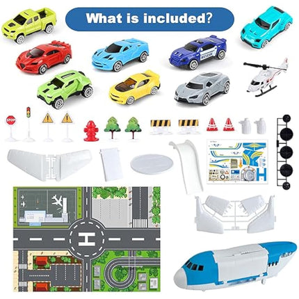 kramow Toys for 3 Year Old Boy, Cars Toy set, Airplane Toys, Transport Aeroplane with Play Mat, 8 Sports Cars, 1 Helicopter, 11 Traffic Signs, Cargo Plane Gifts for Kids Boys Girls age 3 4 5 6