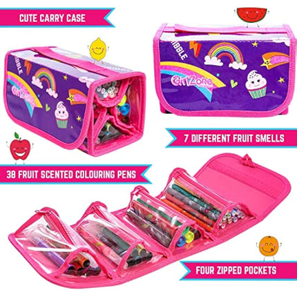 GirlZone Arts and Crafts Fruit Scented Markers and Pencil Case for Girls, Awesome Kids Colouring Pens Kit and Creative Gifts for 10 Year Olds Girls