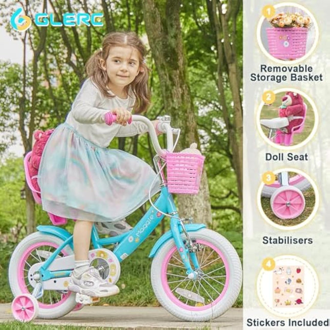 Glerc Maggie 12 Inch Kids Bike for 2-13 Years Old, Girls Bicycle with Doll-Seat & Basket & Stabilisers & Kickstand, Multiple Colors
