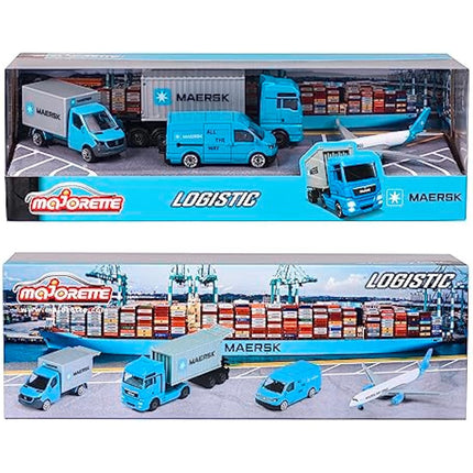 Majorette - MAERSK TRANSPORT VEHICLES (Gift Set) - 4 metal model vehicles (Man Truck, Mercedes-Benz Sprinter, Volkswagen Crafter & Airbus Aircraft), toys for children aged 3+.