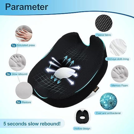 Donut Pillow Chair Seat Cushion, Memory Foam Firm Coccyx Pad Donut Cushion for Long Sitting, Office Chair, Gaming Chair and Car Seat Cushion - Black 17.5*18.5*5.5 in