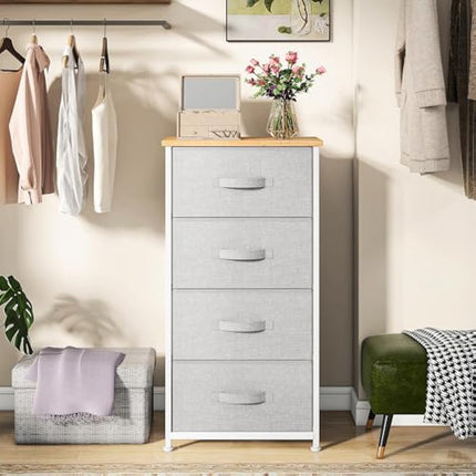 DWVO Chest of Drawers, 4 Fabric Drawers Bedroom Cabinet,Dresser for Bedroom,Living Room With Handles,Wood Top and Sturdy Steel Frame,Light Grey