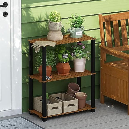 Furinno Pangkor 3-Tier Turn-N-Tube Indoor Outdoor Plant Shelf Wood Stand with Square Poles, Natural/Black