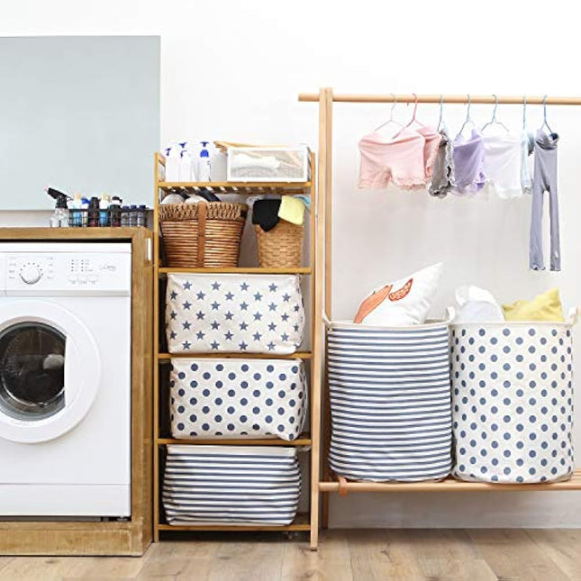 Sea Team 19.7 Inch Large Sized Waterproof Coating Ramie Cotton Fabric Folding Laundry Hamper Bucket Cylindric Burlap Canvas Storage Basket with Stylish Blue Stripe Design