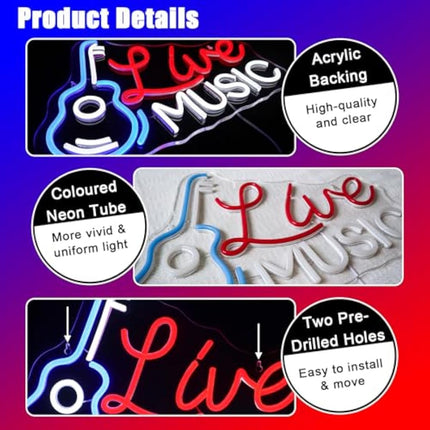 OYCGZV Live Music Neon Light Sign - Guitar Music Neon Sign for Wall Decor Guitar Neon Wall Light USB Led Sign for Bar Rock Music Studio Office Garage Bedroom Room Party Store Home