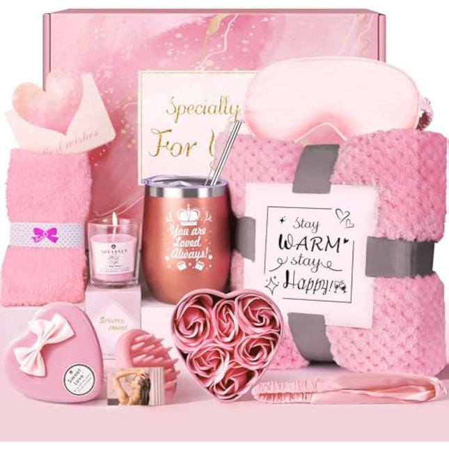 Birthday Gifts for Women, Pamper Gifts for Women, Self Care Gifts Set Birthday Presents Hampers with Flannel Blanket Get Well Soon Gifts Cosy Gifts for ladies, Friends, Mum, Wife, Girls, Sister