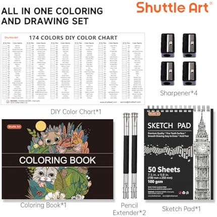 Shuttle Art 174 Colours Professional Colouring Pencils, Soft Core Coloured Pencils Set with 1 Colouring Book,1 Sketch Pad, 4 Sharpener, 2 Pencil Extender, Artists Kids Adults Colouring, Drawing