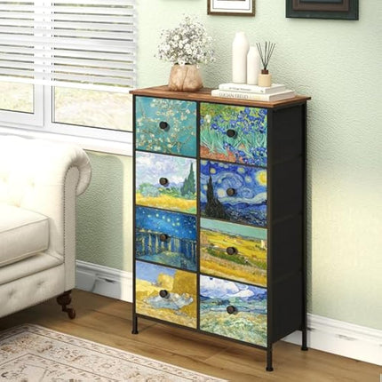 VEDECASA Van Gogh Drawer Dresser for Bedroom Chest of Drawers with Sturdy Steel Frame Wood Top Drawer Storage Organizer for Entryway Living Room Hallway Office (8 Drawers)