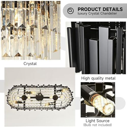 AOOCHOK Modern Crystal Chandelier Black Pendant Light Fixtures, Oval Crystal Pendant Lighting for Living Room, Dining Room, Bedroom, Restaurant, E14 x 8, 80 x 35 cm