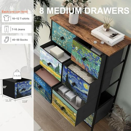 VEDECASA Van Gogh Drawer Dresser for Bedroom Chest of Drawers with Sturdy Steel Frame Wood Top Drawer Storage Organizer for Entryway Living Room Hallway Office (8 Drawers)