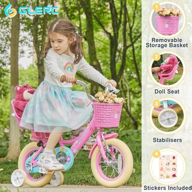 Glerc Maggie  14  Inch Kids Bike for 2-13 Years Old, Girls Bicycle with Doll-Seat & Basket & Stabilisers & Kickstand, Multiple Colors