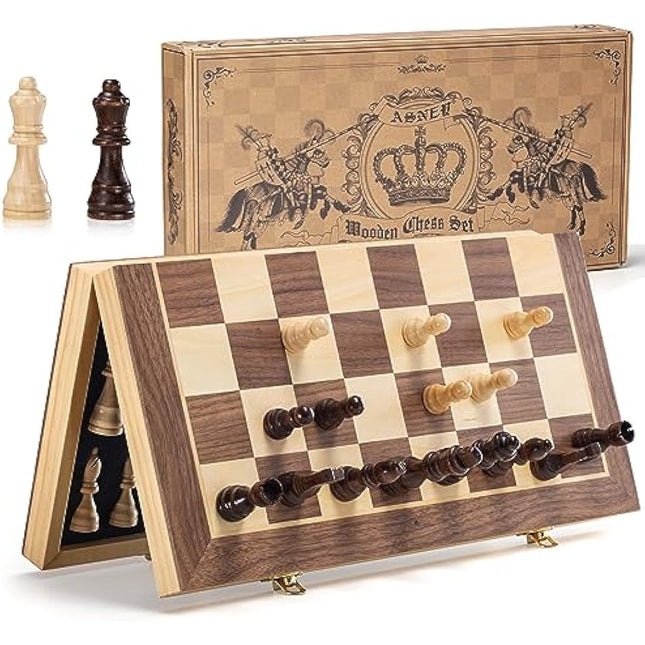 ASNEY Magnetic Chess Set, 15 Inches Tournament Staunton Wooden Chess Board Game Set with Crafted Chesspiece for Kids Adult, with Extra Kings Queens Carry Bag