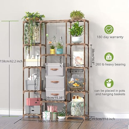 cfmour Wood Plant Stand Indoor Outdoor, 62.2" Tall Flower Shelf Tiered Plant Stands for Multiple Plants Large Planter Holder Hanging Shelves Rack for Living Room Garden Balcony
