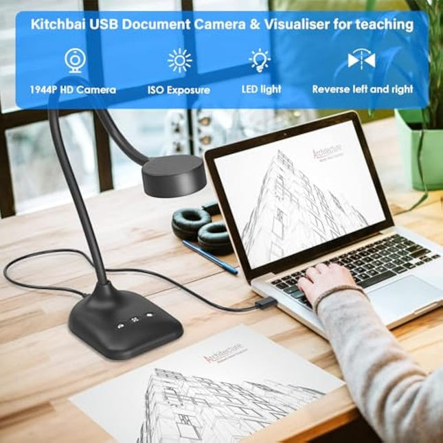 Kitchbai Visualiser, USB Document Camera for Teaching, PC Camera for Classroom with Auto Focus, MIC, LED Light, Image Invert, Fold, for Mac OS, Windows, Chromebook, for Distance Learning, Online Art