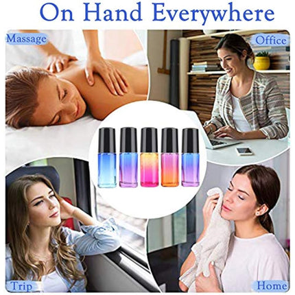 JamHooDirect 10Pcs, 5Ml Essential Oil Roll on Bottles Refillable Rainbow Glass Roller Bottles with Stainless Steel Roller Balls & Black Caps & Bottle Opener, Perfect for Aromatherapy, Fragrance