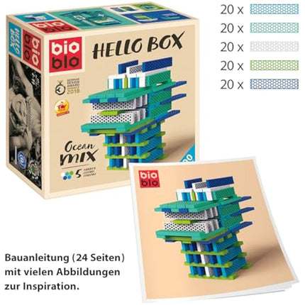 bioblo Hello Box Ocean Mix with 100 Pieces, Sustainable Colourful Building Blocks for Children from 3 Years, Wooden Building Blocks, Children's Toy, STEM Montessori Toy for Stacking and Balancing