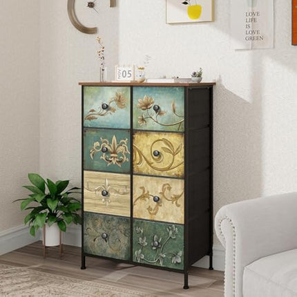 VEDECASA Chest of Drawers with 8 Drawers Narrow Tall Dresser for Bedroom Retro Floral Pattern Clothes Storage Organiser Unit for Living Room Entryway Closet Wood Board Metal Frame