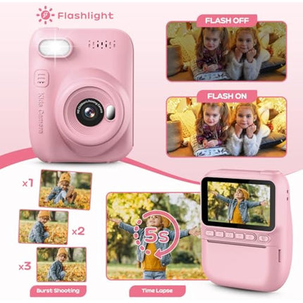 GREENKINDER Kids Camera Instant Print, 3.0'' Large Screen Instant Camera for Kids, 1080P Kids Digital with 32GB Card & 3 Rolls Print Paper, Gift Toy Selfie for Girls Age 3-12, Pink