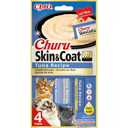 Churu Skin & Coat by INABA Cat Treat - Tuna - 12 Packs (48 x 14g total) / Soft & Creamy Cat Treat, Delicious & Healthy Snack, Purée Food Topper, Natural, Grain Free