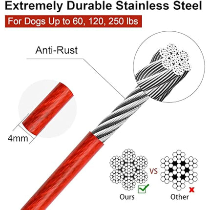 Dog Tie Out Cable with 360° Swivel Lockable Hook and PVC Coating, 10ft 15ft 20ft 25ft 40ft 60ft 120ft Reflective Dog Lead Line, Galvanized Steel Wire Rope for Small Medium Pet Up to 60, 120, 250 lbs