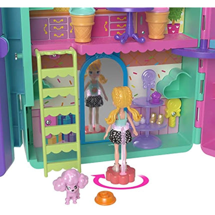 Polly Pocket Playset & 2 Dolls (3-inch), Candy Style Fashion Drop Vending Machine, 2-Stories, 35+ Pieces of Furniture, Clothes & Accessories, HKW12